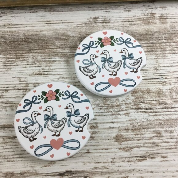 Goose with Bows and Hearts Floral Vintage Farmhouse Style Set of 2 Car Coasters - Picture 1 of 7